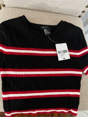 Forever 21 Black Short Sleeve Ribbed Top with Red & White Stripes